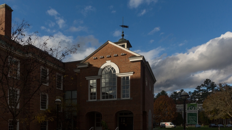 Fig. 8. Exterior view of Cummings Hall, Thayer School of Engineering, Dartmouth College, showing the five solar panels that comprise Laura Maes’s Spikes, 2017. Photo by Joseph Beaudoin.