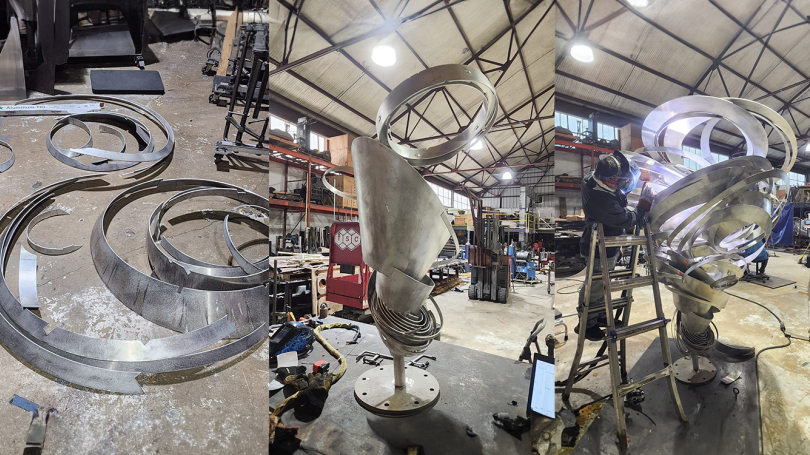 Progress photos of Alice Aycock's Alien Twister (2018) The sculpture is made of twisted metal that resembles a tornado. 