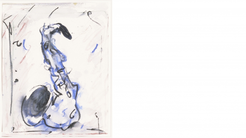 Claes Thure Oldenburg, Blue Saxophone, 1992, Crayon and watercolor on paper, Gift of Hugh J. Freund, Class of 1967; W.2001.43.1. © Claes Oldenburg
