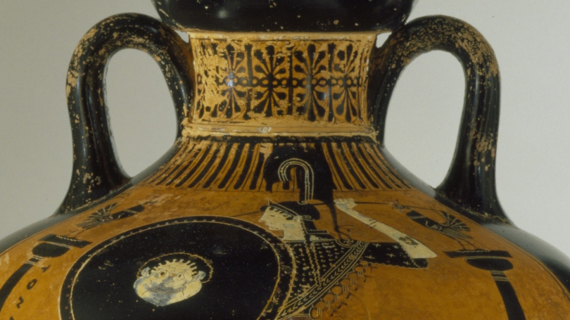 Attributed to the Berlin Painter, Greek, Attic, active about 505 - 460 BCE, Black-figure Panathenaic Prize Amphora depicting Athena between Columns (side a); Wrestlers and Judge with Staff (side b) (detail), 480-470 BCE, terracotta; black-figure.