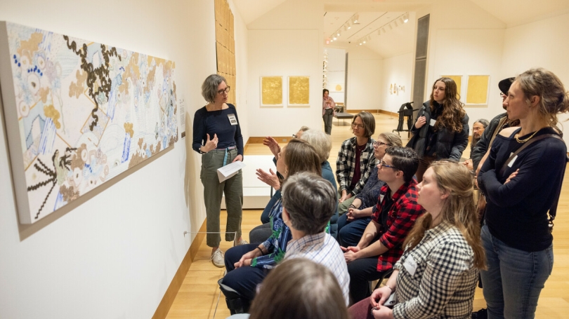 Community members enjoyed an evening in the galleries as Neely McNulty taught and discussed artist Larissa Bates "Grooming after Mexican Biombo 17th Century" in February 2024.