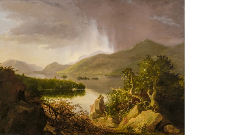Thomas Cole, American (born England), 1801 - 1848, View on Lake George, 1826, oil on wood panel, 18 1/4 _ 24 3/4 in. (46.4 _ 62.9 cm). Hood Museum of Art, Dartmouth: Purchased through a gift from Evelyn A. and William B. Jaffe, Class of 1964H, by exchange