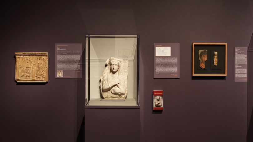 Center and Periphery: Cultural Hybridity in the Funerary Arts of the Roman Provinces installed in the Hood Museum's Temporary Exhibitions Lobby. Photo by Jeffrey Nintzel. 