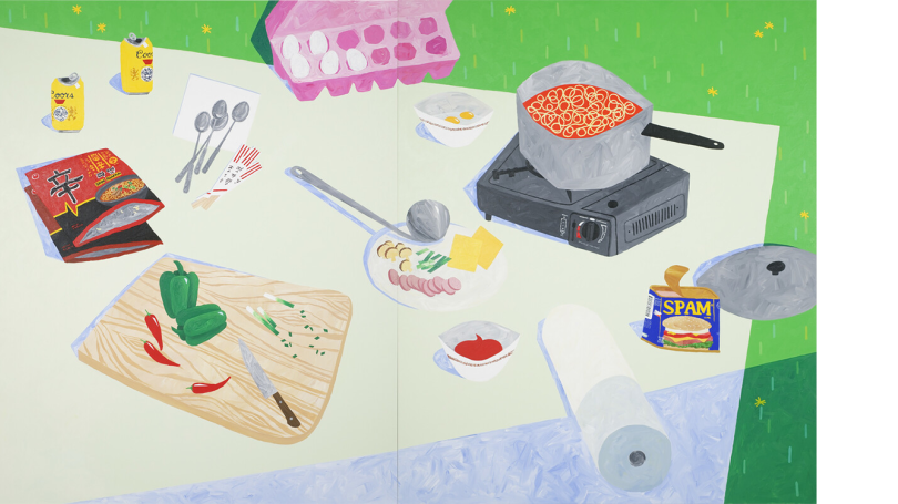 A picnic spread featuring a green background, Spam, sliced vegetables, Coors beer, and noodles on a portable stove top. 