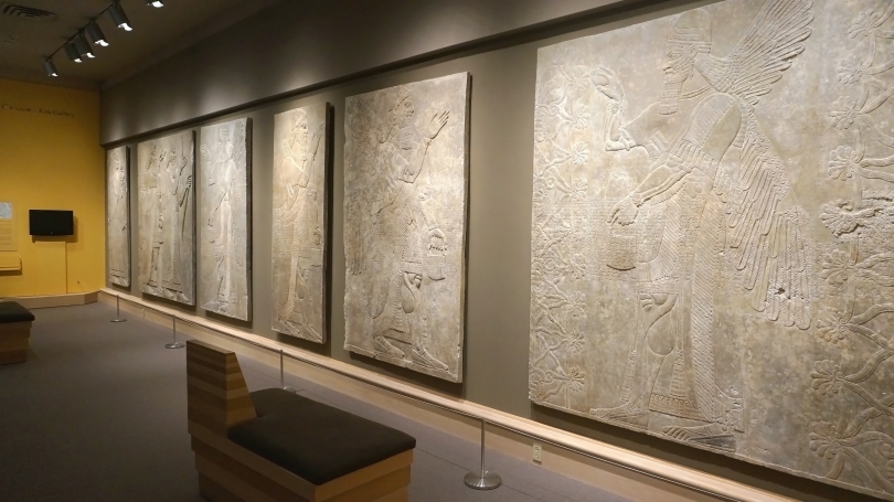 The Hood's Assyrian reliefs, from the Northwest Palace of Ashurnasirpal II at Nimrud, 883-889 BCE, in Kim Gallery. Photo by Alison Palizzolo.