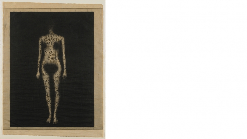 Leslie Dill, American, born 1950; sewn by Jennifer Luk, Front (The Soul Has Bandaged Moments), from A Word Made Flesh, 1994, photolithograph, etching, and aquatint on tea-stained Mulberry paper, hand sewn onto Arches buff paper.