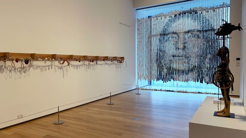 Form and Relation installed inside Engles Gallery. Works pictured from left to right: Roxanne Swentzell and Rose B. Simpson's "Timeline Necklace", Cannupa Hanska Luger's "Every One (#MMIWT Bead Project)", and Rose B. Simposon's "Time Machine".