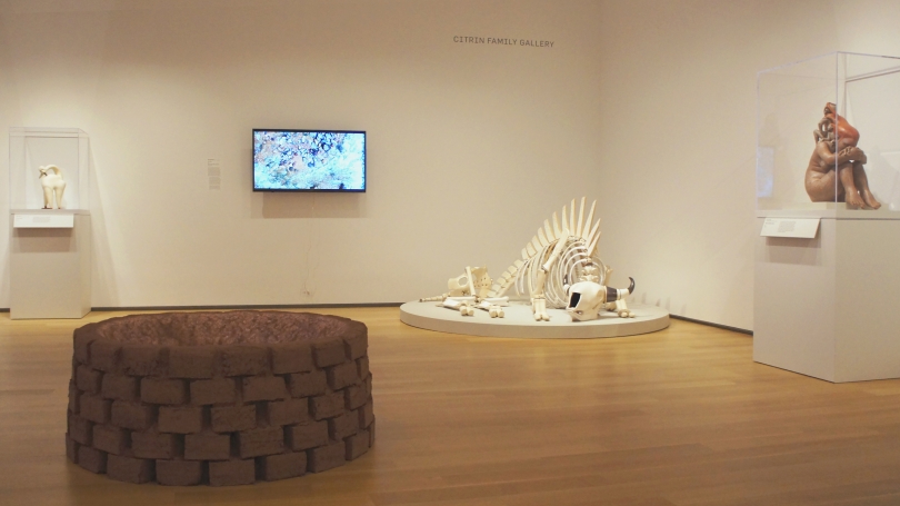 Works pictured from left to right: Rose B. Simpson's Creature Comfort, Ruben Olguin's Fractured, Broken Landscapes, Cannupa Hanska Luger's (Be)Longing, and Roxanne Swentzell's Sitting on My Mother's Back. 