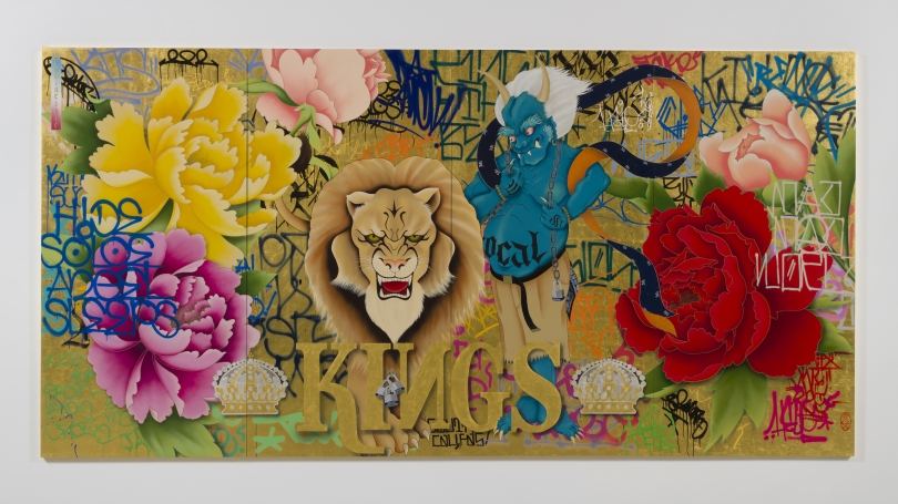 A gold lion and a blue demonlike figure, surrounded by flowers and graffiti on a gold background. The word "king" is below the lion. 