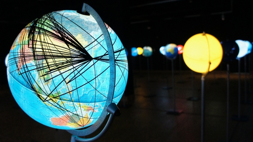Ingo Günther, installation of the World Processor series at Hood Downtown, illuminated globes. Photo by Alison Palizzolo.