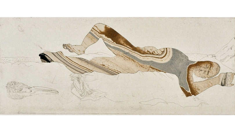A work on paper of a reclining male nude. The color palette is mostly warm browns and the figure of the reclining nude male's skin looks marbled.