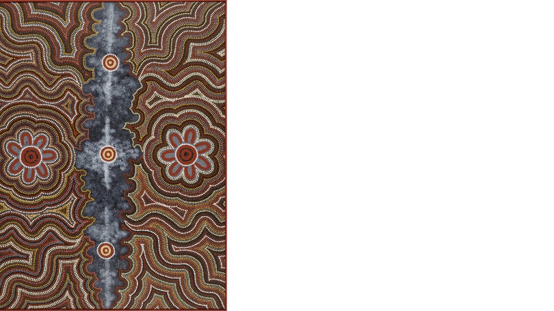 A vertically oriented painting by an Indigenous Australian artist. The work is made up of very small dots in hues of browns and yellows. In the center of the work is a flatter area of dark blue with white paint floating on it.
