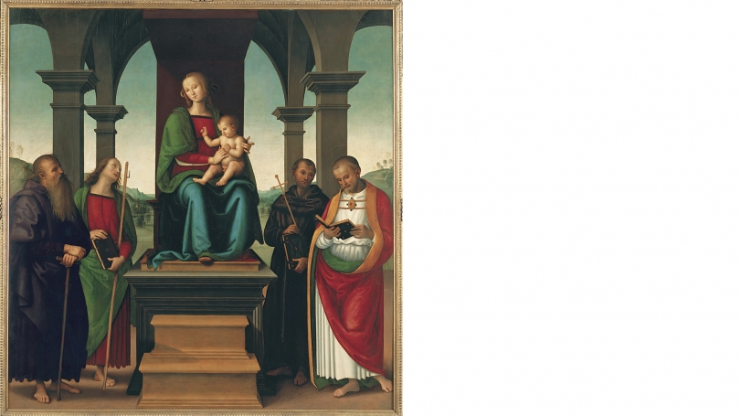 Perugino (Pietro di Cristoforo Vannucci) and Workshop, Virgin and Child with Saints, about 1500, oil and tempera on panel. Purchased through the Florence and Lansing Porter Moore 1937 Fund;P.999.2.