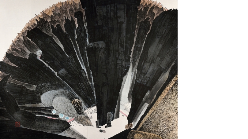 An ink painting. The image is slightly abstracted though it feels as though the viewer is looking down from above into a crater in which lies a town.