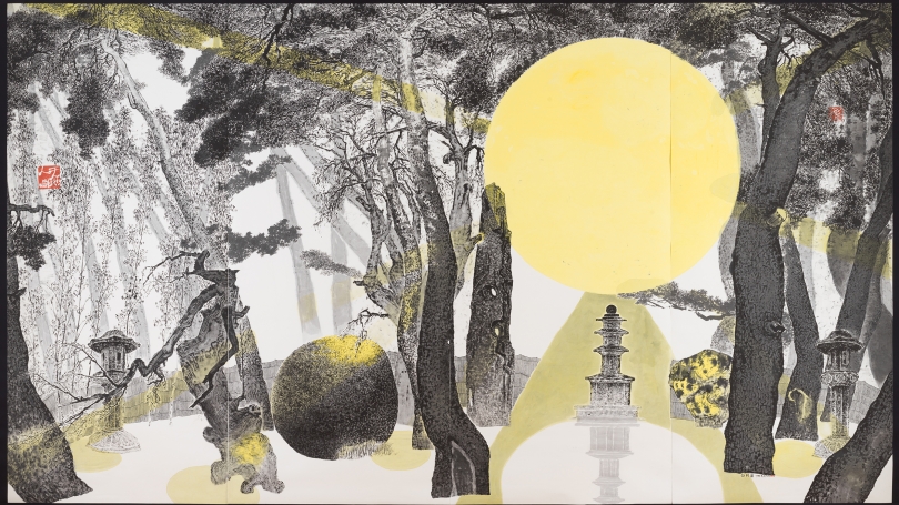 A collage of black and white trees and a brilliant yellow sun shining through them.