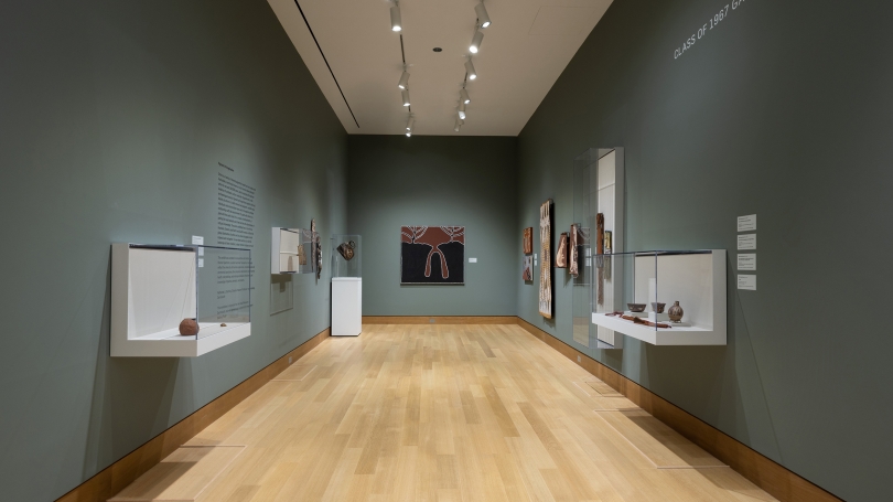 A museum gallery with grayed blue-green walls is installed with works of art made of or that incorporate ochre. There are paintings hung on the wall as well as cases that hold ancient objects that employ ochre.