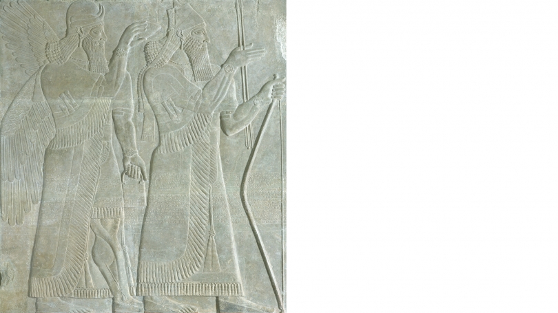 Reign of Ashurnasirpal II, The King and Genie: Relief from the Northwest Palace of Ashurnasirpal II at Nimrud (detail), 883-859 BCE, gypsum. Gift of Sir Henry Rawlinson through Austin H. Wright, Class of 1830; S.856.3.2.