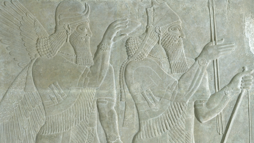 Reign of Ashurnasirpal II, The King and Genie: Relief from the Northwest Palace of Ashurnasirpal II at Nimrud (detail), 883-859 BCE, gypsum. Gift of Sir Henry Rawlinson through Austin H. Wright, Class of 1830; S.856.3.2.