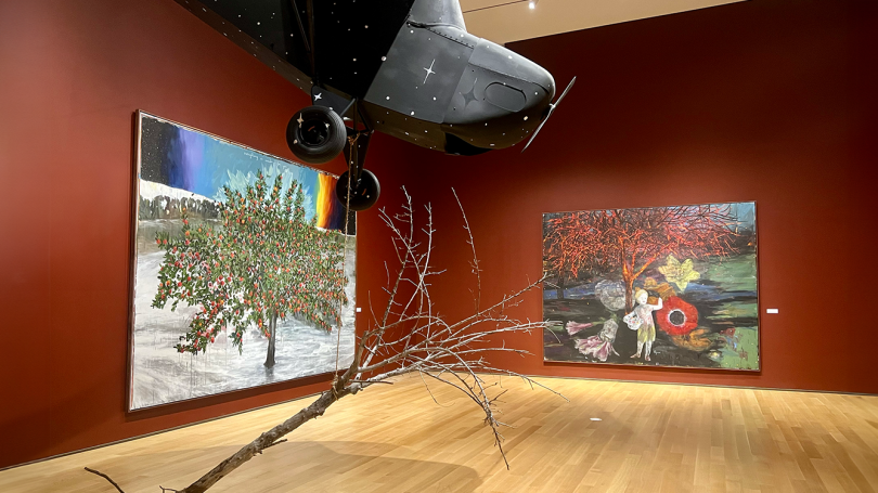 View of "The Grief of Almost," installed in Northeast Gallery. The walls are red, and you can see a plane hanging from the ceiling.