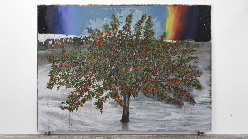 Enrique Martínez Celaya's "The Harvest" (2023). There is a tree with a dark, yet colorful background.