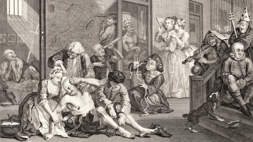 William Hogarth, A Rake’s Progress (detail), plate 8, 1735, etching and engraving on laid paper. 