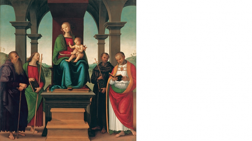 Perugino (Pietro di Cristoforo Vannucci) and workshop, Virgin and Child with Saints, about 1500, oil and tempera on panel. Purchased through the Florence and Lansing Porter Moore 1937 Fund; P.999.2.