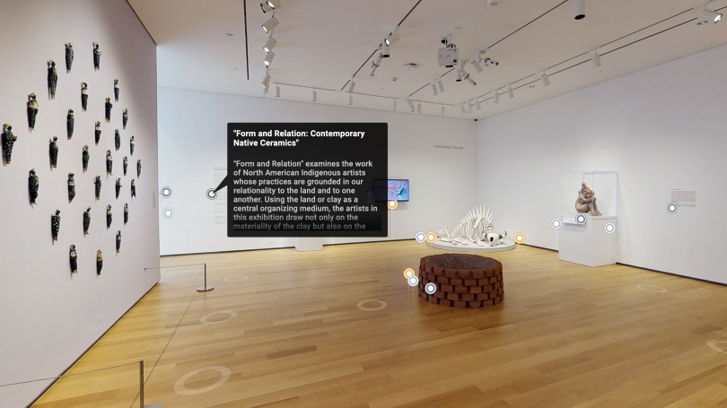 A screenshot of the Matterport 3D virtual tour of the exhibition "Form and Relation: Contemporary Native Ceramics".