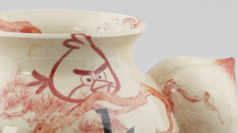 A close up of the "Angry Bird Red Gook Vase," a red angry bird is visible painted in red underglaze.