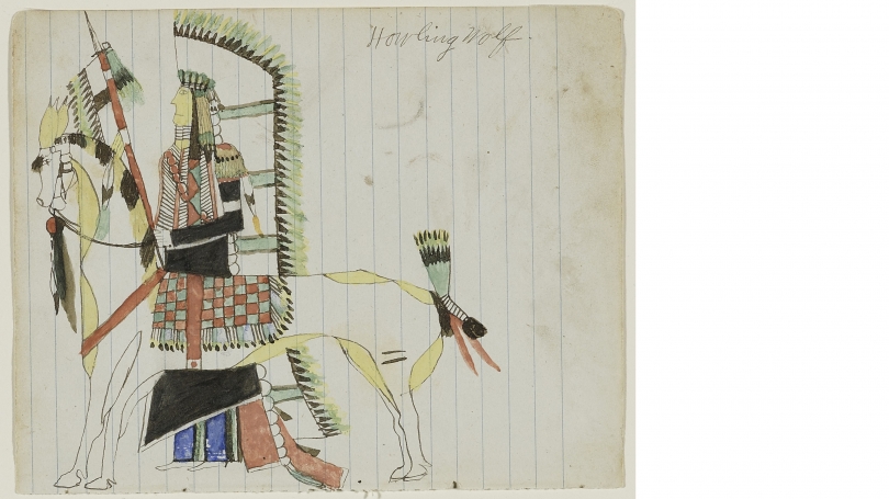 Howling Wolf (Ho-na-nist-to), Southern Tsistsistas / American, Untitled (Howling Wolf with his War Horse), from the "Robert Allen Guthrie Notebook", about 1874-1875, Ink, colored pencil, watercolor, and graphite on wove blue lined notebook paper, Mark Lan