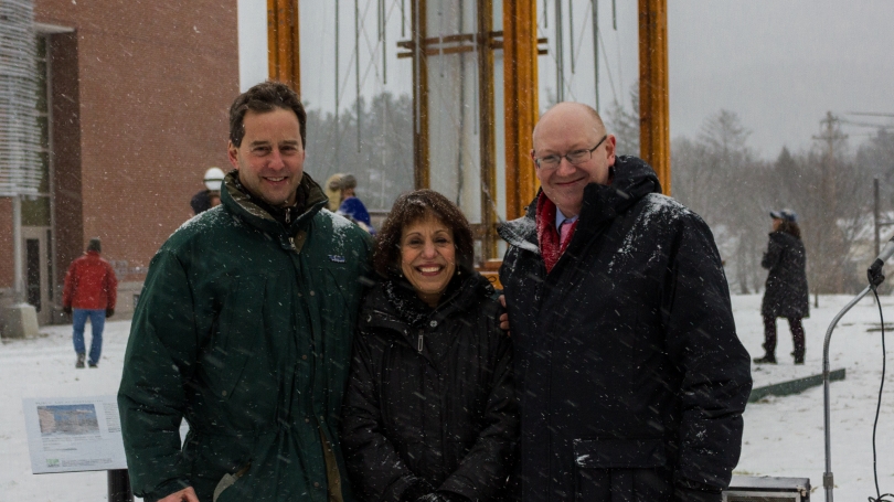 Ice Chimes co-designer Keith Moskow '83, President Carol Folt, and Hood Museum of Art Director Michael Taylor.