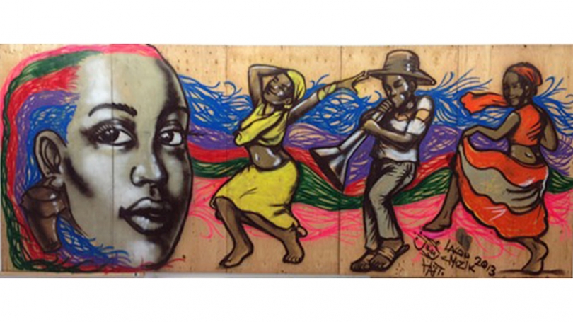 Jerry Rosembert-Moise, Lakou Mizik, 2013, spraypaint on plywood. Collection of the Hood Museum of Art, Dartmouth College: Gift of Anne and Jack Wilson.