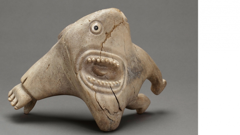 Karoo Ashevak, Untitled (Spirit Figure), about 1970–74, carved whalebone inlaid with walrus ivory, baleen, and stone. Bequest of Evelyn Nef; 2011.25.1.
