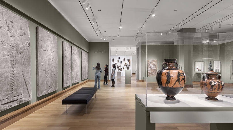 An installation of global ancient and premodern art in the newly renovated Kim Gallery, with an installation of traditional African art in the Albright Gallery beyond. Photograph © Michael Moran. Courtesy of the Hood Museum of Art, Dartmouth.