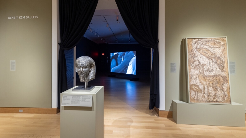 A photograph of a museum installation. In the foreground there is an Egyptian head of a god and an ancient Roman floor mosaic of a dog. In the background is a video playing on a large screen in the middle of a gallery with black curtains at the entrance.