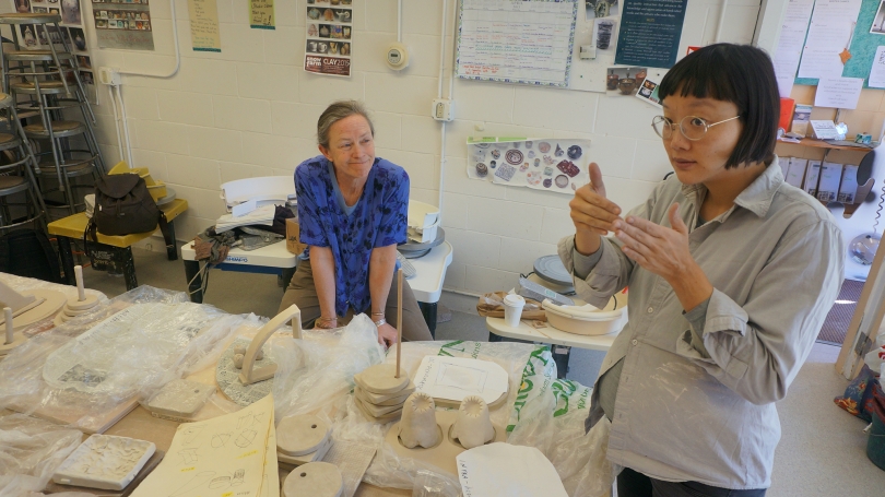 Christine Sun Kim discussing her work with artist and teacher Karin Rothwell at the Hanover League of New Hampshire Craftsmen. Photo by Amelia Kahl.