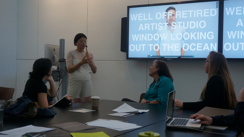 Christine Sun Kim speaks about her work and practice to studio art majors during Christina Seely’s senior seminar. 