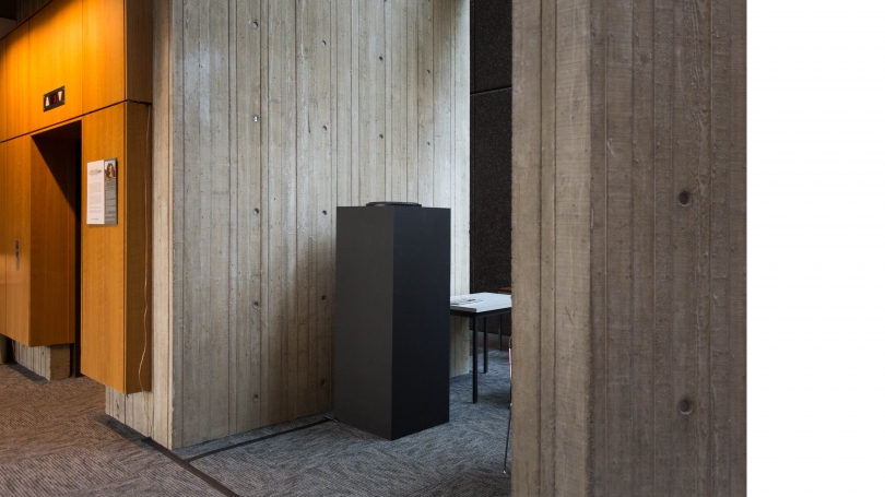 Custom-built speaker near elevator on the first floor of Fairchild Physical Sciences Center.