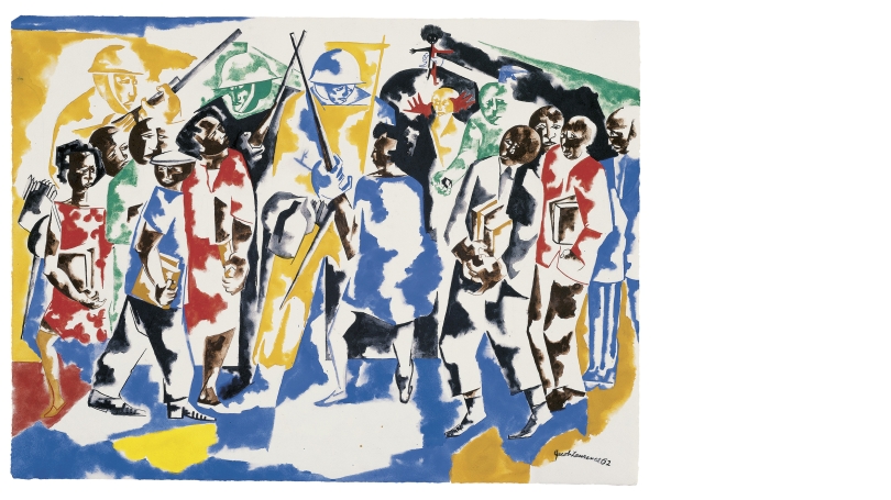 Jacob Lawrence, Soldiers and Students, 1962, opaque watercolor over graphite on wove paper. Hood Museum of Art, Dartmouth College. Bequest of Jay R.Wolf, Class of 1951;W.976.187. © 2014 The Jacob and Gwendolyn Lawrence Foundation, Seattle / Artists Rights