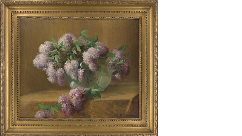 A painting of purple lilacs in a bulbous glass vase.