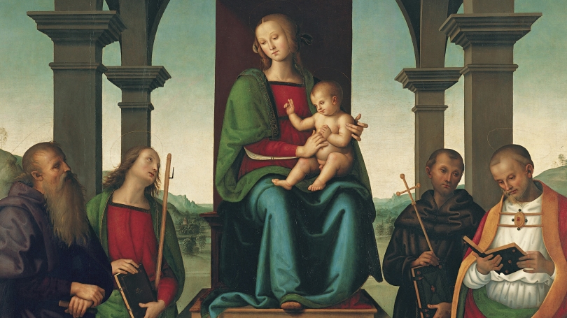 Perugino (Pietro di Cristoforo Vannucci) and Workshop, Italian, about 1450 1523, Virgin and Child with Saints (detail), about 1500, oil and tempera on panel.