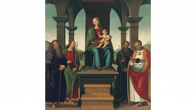 Perugino (Pietro di Cristoforo Vannucci) and Workshop, Virgin and Child with Saints, about 1500, oil and tempera on panel. Purchased through the Florence and Lansing Porter Moore 1937 Fund; P.999.2.