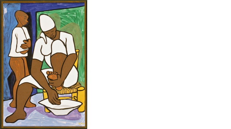 Painting of two brown-skinned figures, one in a white dress and hat, the other in a white shirt with no pants. The central figure in the dress sits on a chair and washes their feet; the figure in the shirt to the left hugs themselves. 