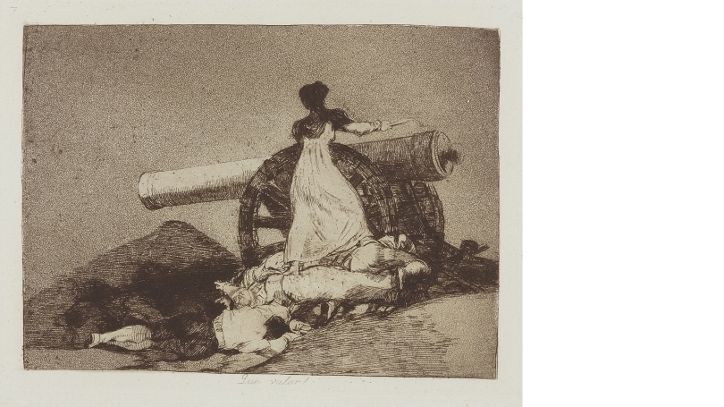 Drawing of a woman in a white dress, lighting the fuse of a large cannon. The woman is viewed from the back. The ground around her is covered in dead bodies.