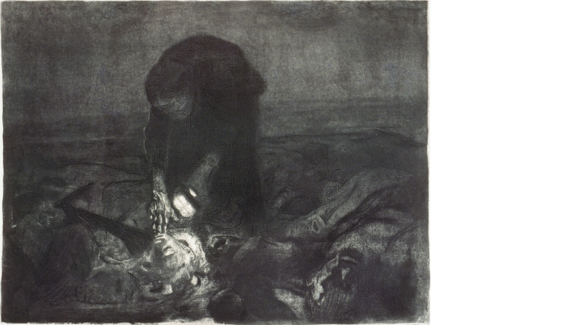 A dark charcoal drawing of a hunched woman searching a battlefield filled with corpses. She holds a lantern and bends over a corpse, illuminating his face. 