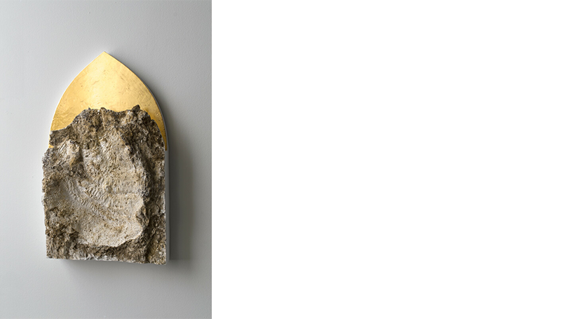  gypsum plaster mold of 400-million-year-old coral fossil bed, 24k gold leaf, gesso, clay bole, animal glue, and natural resin.