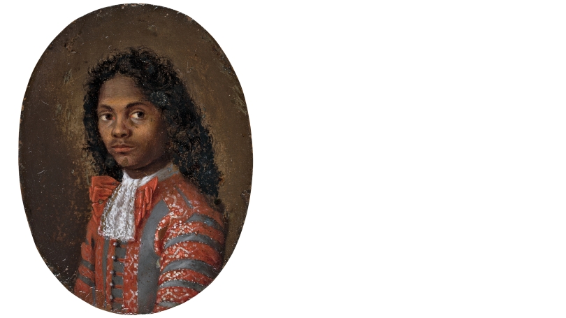A miniature painting of a young man that is likely a diplomat from Africa. He is African and wears a red and white striped overcoat with a high collared shirt that has a lace ruffle.
