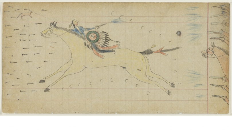 Unknown artist ("Price" Ledger), Tsistsistas and/or Inunaina / American, active late 19th century, Untitled (An Inunaina (Arapaho) Warrior Fires Back at U.S. Soldiers), page number 138, from the "Vincent Price Ledger", Late 19th century, Graphite and colo