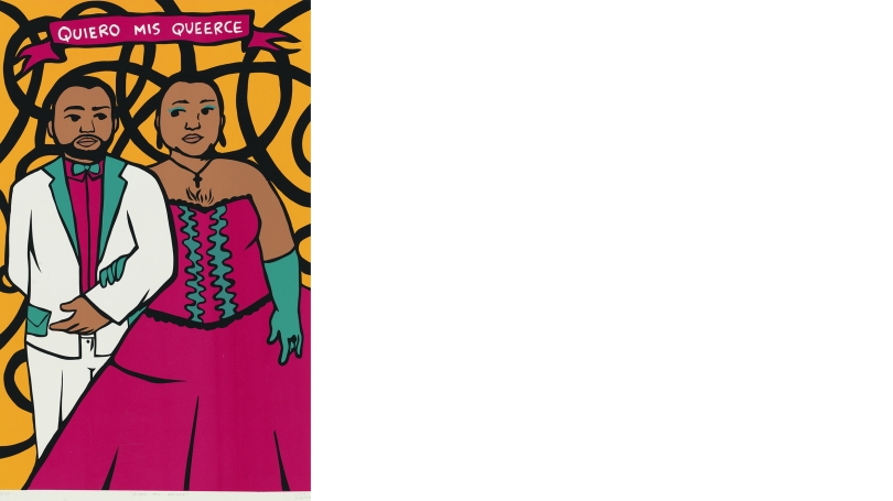 A brightly colored poster created by a hispanic artist. It features a drawing of the same person dressed as male and a female. At the top of the poster is says "Quiero Mis Queerce."