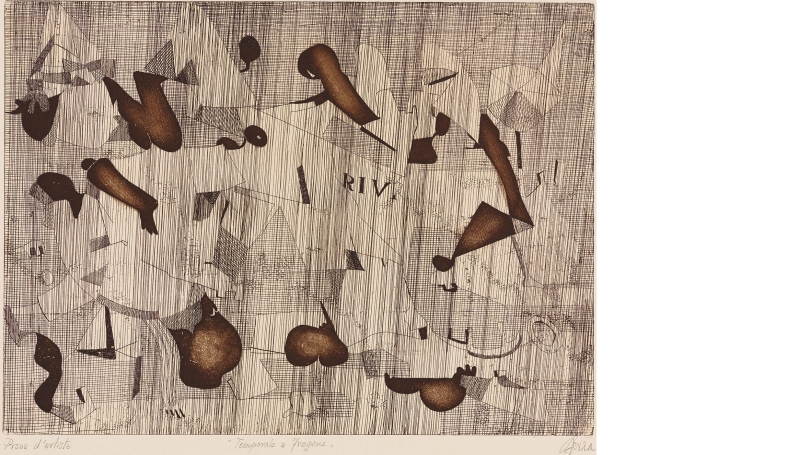 An etching on woven paper that has a warm undertone. It is an abstract work. The ink color varies in shade from brown to black. There are hatch marks running vertically throughout the work and some horizontal. There are also irregular shaded shapes.