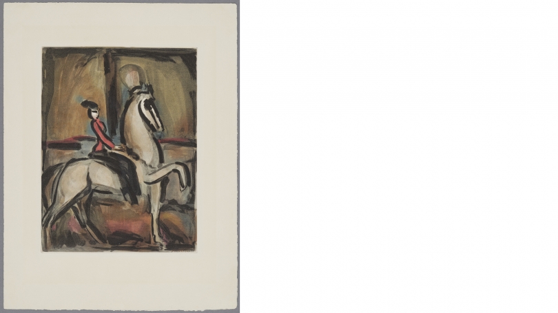 Georges Rouault, Amazone (Equestrian) from Le Cirque (The Circus), 1930, color aquatint. Gift of Susan E. Hardy, Nancy R. Wilsker, Sarah A. Stahl, and John S. Stahl in memory of their parents, Barbara J. and David G. Stahl, Class of 1947; 2014.73.105. © 2
